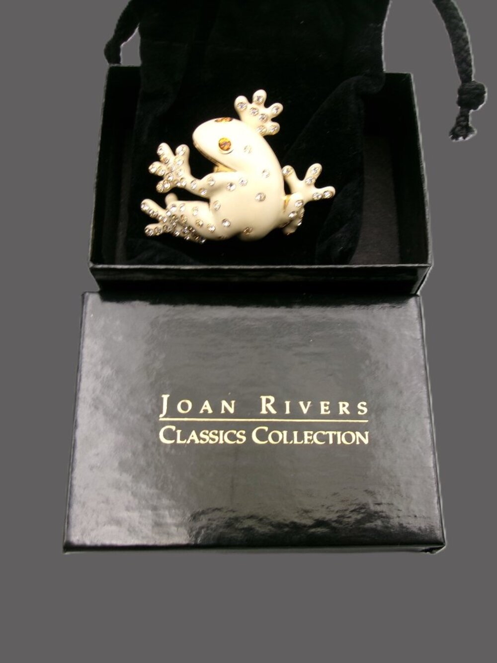 Vintage Joan Rivers Frog Brooch, Cream Enamel and Crystals, Gold Plated Figural